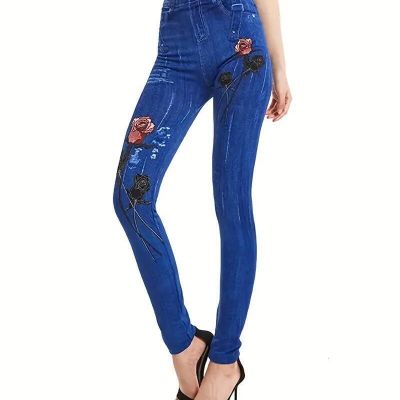 Fashion Women Denim Rose Print Leggings Sporty High Waist Stretch Slim Fit New